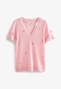 Next RUFFLE SLEEVE V NECK STANDARD - T-Shirt Print - Coral Pink Stripe -Next 08fdb19f090449f39937c3b39c5ef1c1