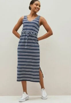Next SLEEVELESS V NECK SLUB - Freizeitkleid - Navy Blue White Stripe -Next 2c10c571e3cb4933acad8375cdc2a0a7 1