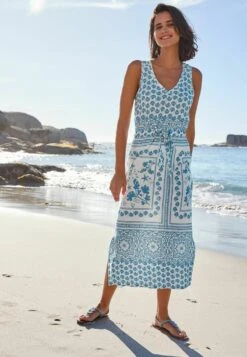 Next SLEEVELESS V NECK SLUB - Freizeitkleid - Blue Border Print