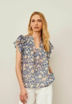 Next FLUTTER SLEEVE PINTUCK SHORT SLEEVE - Bluse - Blue Floral