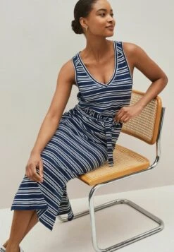 Next SLEEVELESS V NECK SLUB - Freizeitkleid - Navy Blue White Stripe -Next 62691229410b4483b05b92b191a9128a