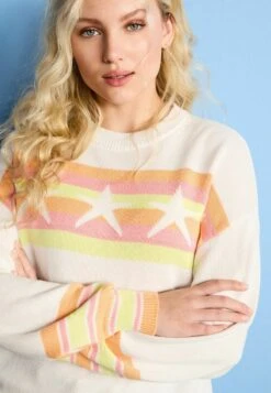 Next FUN STAR PRINT STRIPED CREW NECK STANDARD - Strickpullover - White Fluro Orange -Next 7165e2d9ba0e4031991fbe3d84391289
