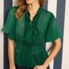 Next X CELIA BIRTWELL TIE NECK SHORT SLEEVE STANDARD - Bluse - Green Check