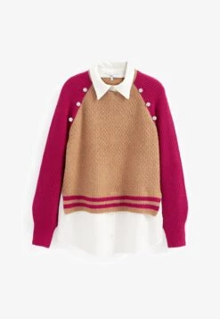 Next GEM BUTTON COLLAR SHIRT LAYER STANDARD - Strickpullover - Camel Brown Pink Colourblock -Next 7b51a97f381d42f5aa9bf631f280f11b