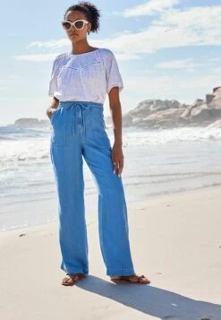 Next TIE WAIST WIDE LEG STANDARD - Jeans Straight Leg - Mid Blue