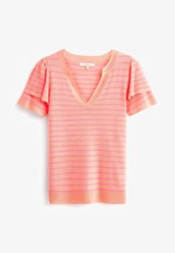 Next RUFFLE SLEEVE V NECK STANDARD - T-Shirt Print - Coral Pink Stripe