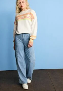 Next FUN STAR PRINT STRIPED CREW NECK STANDARD - Strickpullover - White Fluro Orange