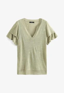 Next RUFFLE SLEEVE V NECK STANDARD - T-Shirt Print - Coral Pink Stripe -Next aac23754024a42219f0c5b7fd36cc90d