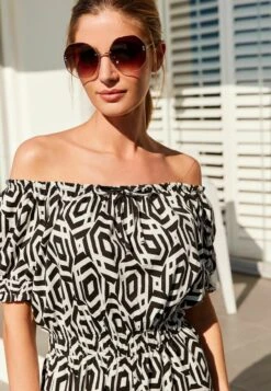 Next PUFF SLEEVE BARDOT PLAYSUIT STANDARD - Jumpsuit - Black White Geo -Next afc5d29aa7e948bfab69fb3752a17760