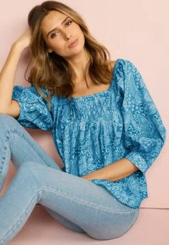 Next SQUARE NECK LONG SLEEVE STANDARD - Bluse - Blue White Print -Next bb7a705bb2934474a5df27abe30fb43c