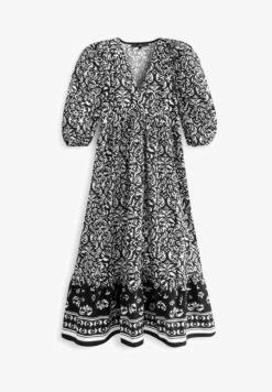 Next FLORAL PUFF SLEEVE POPLIN STANDARD - Freizeitkleid - Black/white -Next cbf9abe379a9442799b7f697eb5aa2bc